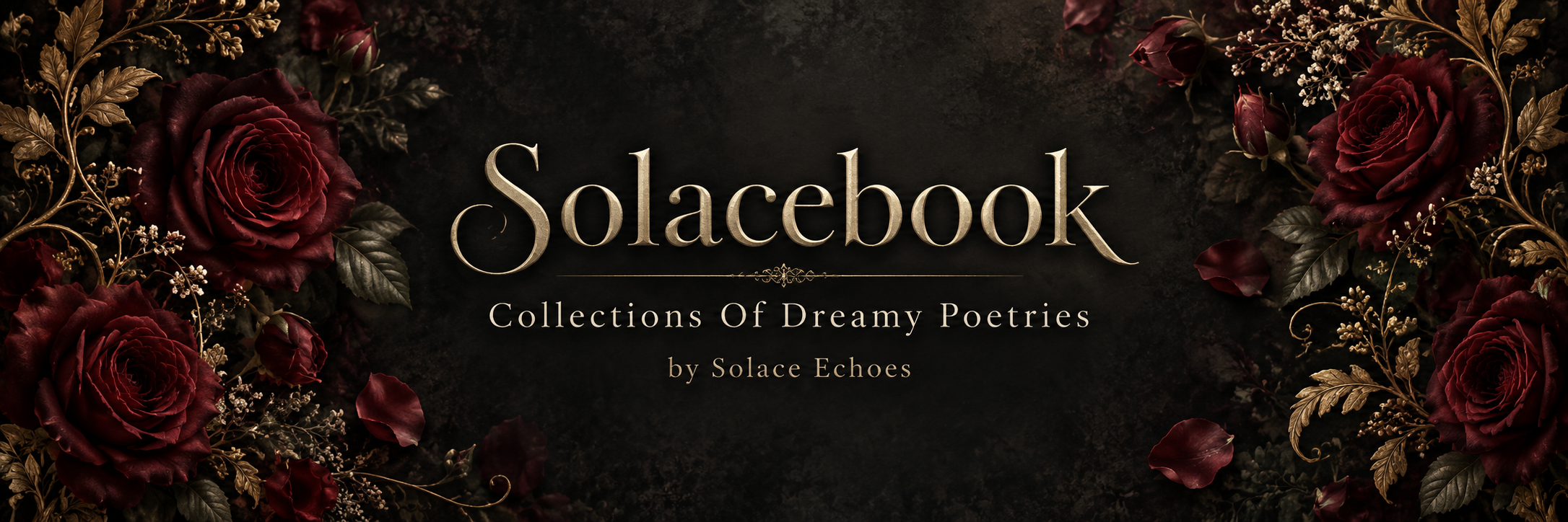Solacebook. Collections Of Dreamy Poetries. By Solace Echoes. Burgundy roses and antique gold botanicals.